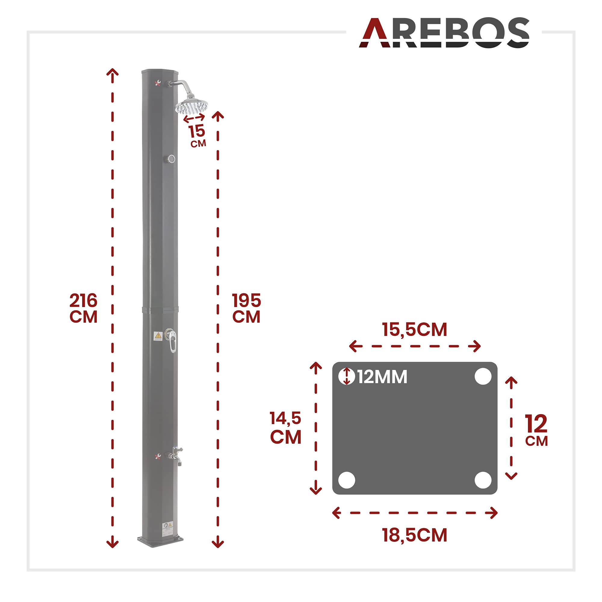 AREBOS Prysznic solarny 35 l INCL.Osłona ochronna | i antracytowa płyta podłogowa | z osłoną ochronną | z wbudowanym termometrem i prysznicem | z przyłączem węża ogrodowego | Czarny | 216 cm