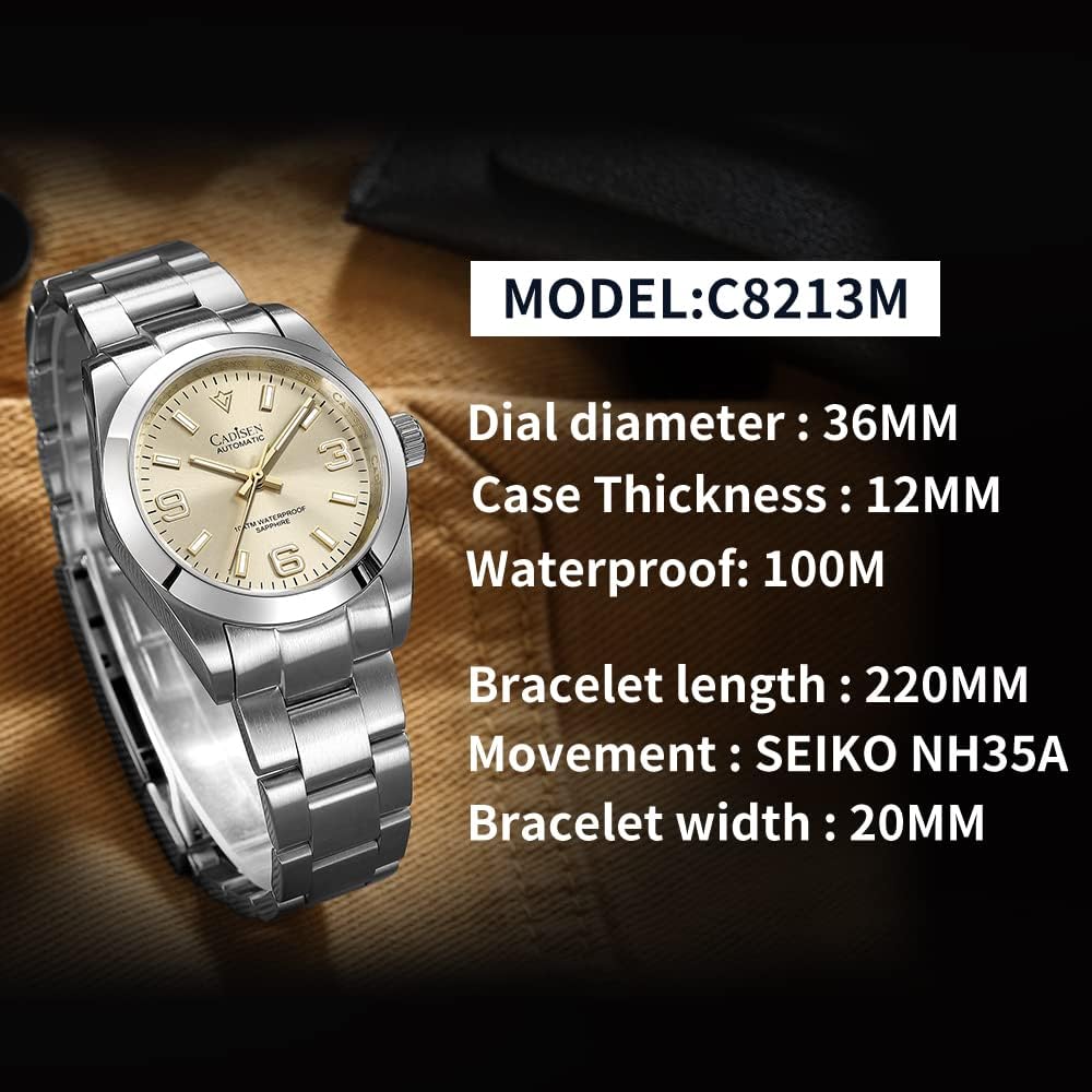 CADISEN Orologio automatico automatico da uomo 36 mm Elegante orologio meccanico con cinturino in acciaio inox in vetro zaffiro CADISEN Orologio automatico automatico da uomo 36 mm Elegante orologio meccanico con cinturino in acciaio inox in vetro zaffiro