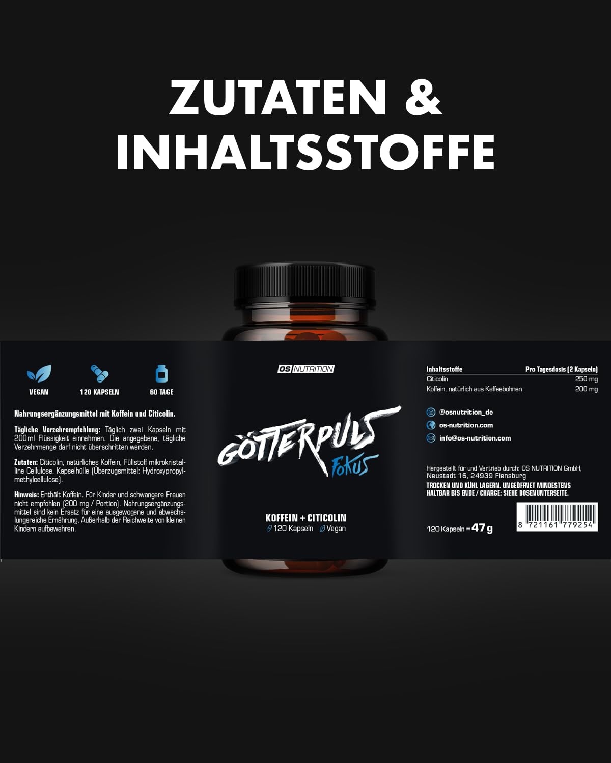 OS NUTRITION Götterpuls Fokus Kapseln mit Koffein und Citicolin – 120 Kapseln