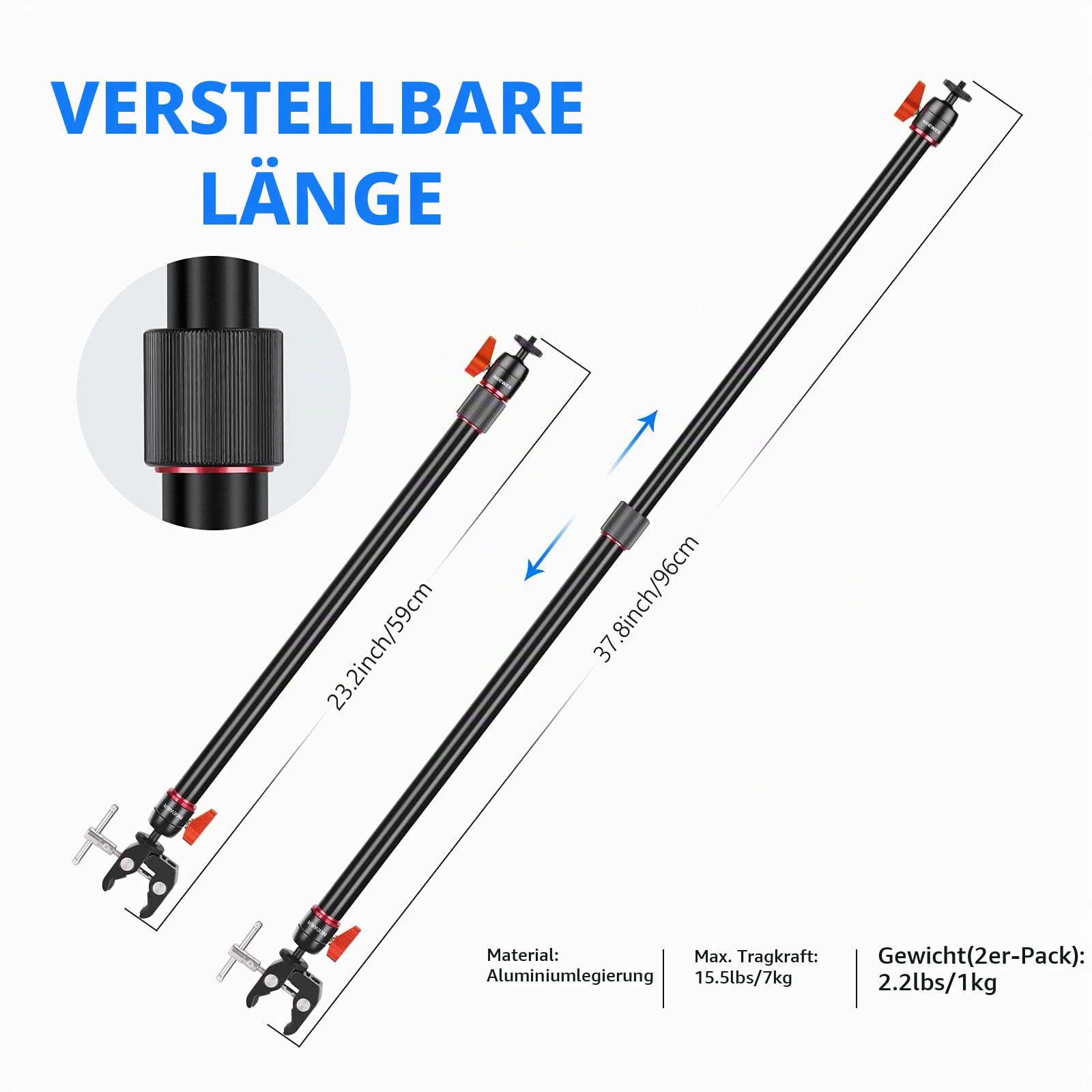 Neewer Kamera Slider Stützarm 2 Pack Verstellbarer Stativ-Stabilitätsarm zur Erhöhung der Stabilität aus Aluminiumlegierung – Bild 5