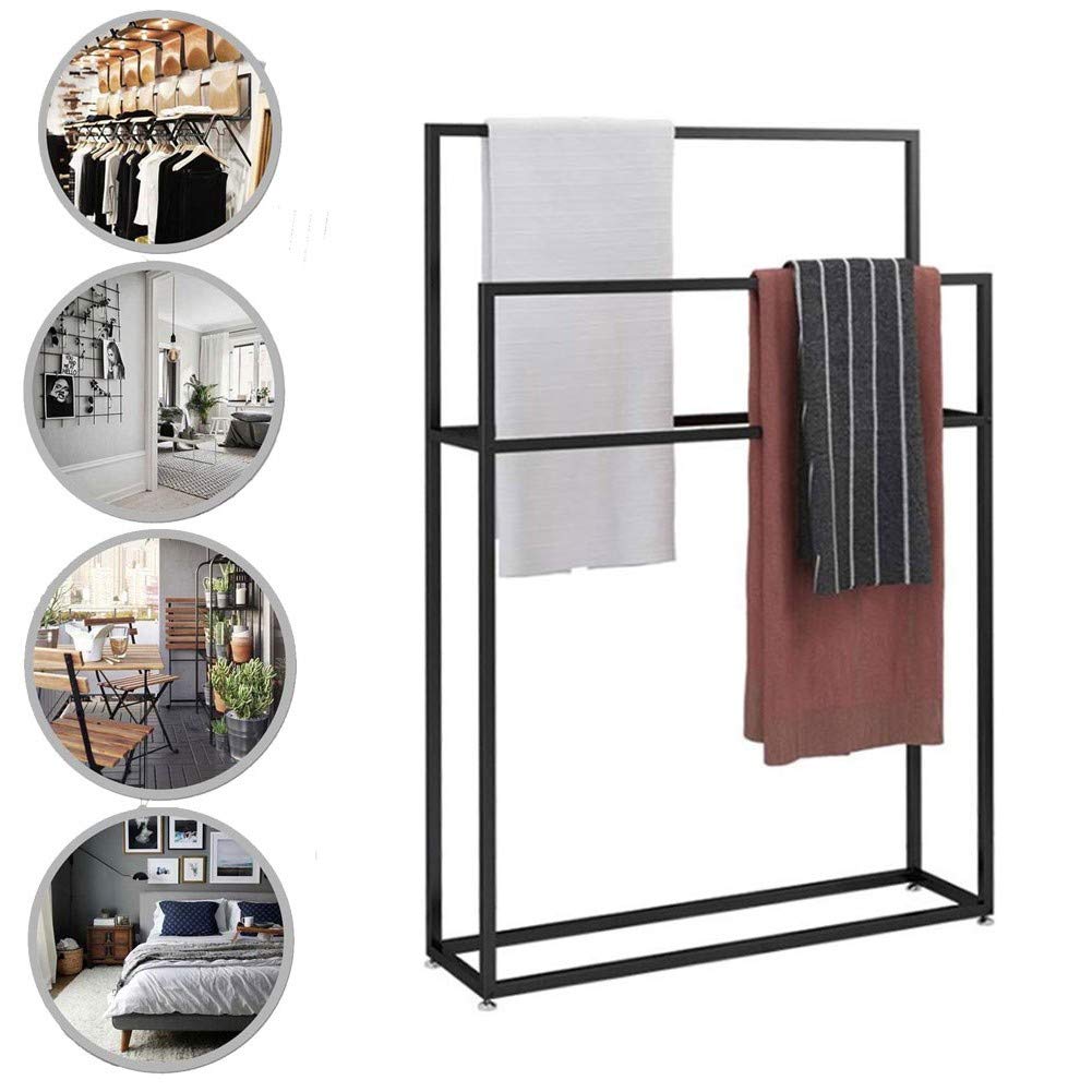 Toallero de pie Wutaihill for baño, Color Negro Mate, con 2 Barras, Antideslizante, for Colgar Ropa, Batas y Toallas.(75x20x110cm)