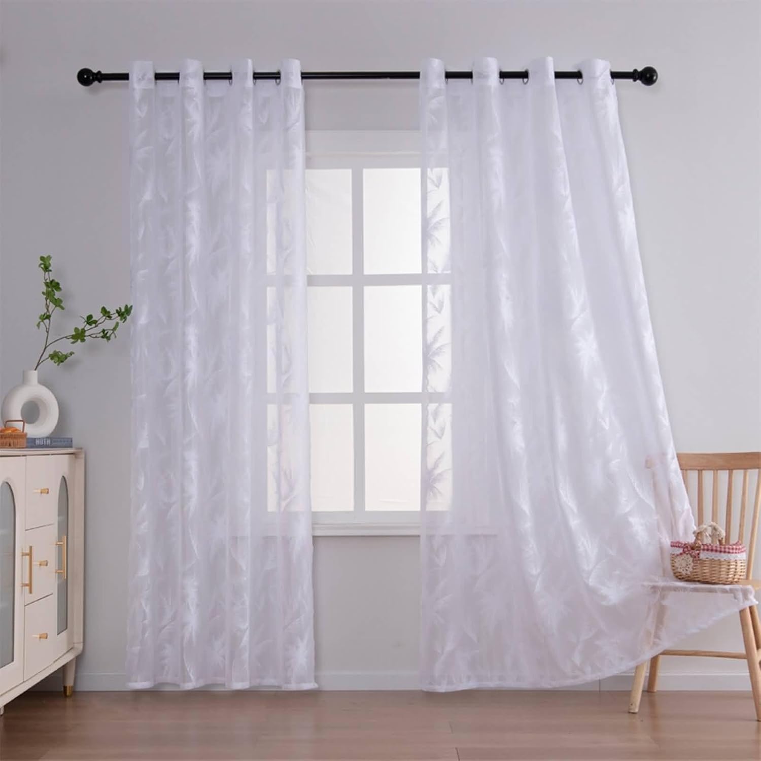 Daesar Transparent Curtains 2 Panels Set 96 Inch Length, Eyelet Tulle Curtains Jacquard Palm Trees Pattern Window Voile Panels/Drapes/Treatment for Bedroom Living Room, 55x96 Inch White