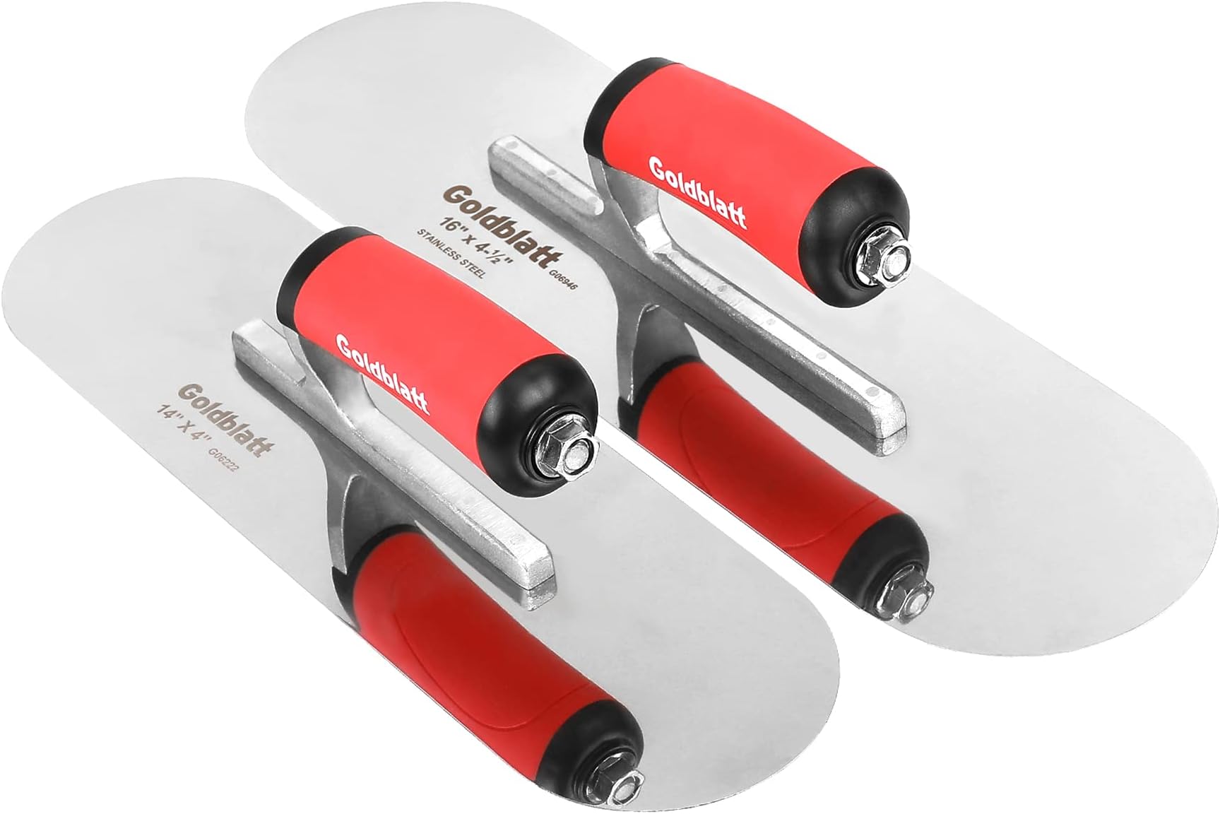 2 Pieces Pool Trowel Stainless Steel with Soft Grip Handle, Includes 16'' x 4-1/2'' & 14'' x 4'' Finishing Trowels Set, Lightweight Alloy Mounting, Round End