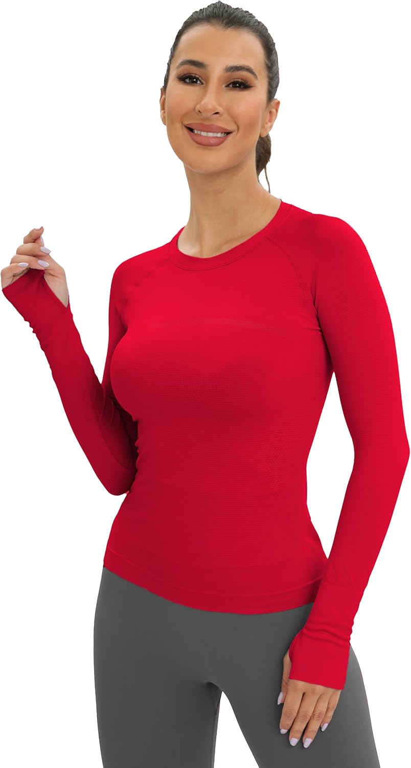 MathCat Workout Seamless Shirts for Women Long-Sleeved Yoga Running Breathable Thumb Holes Tops - Image 2