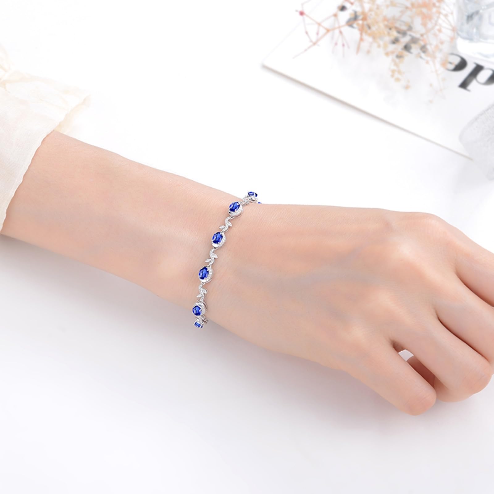 Bracciale di Oro Bianco 750/585/375 Donna, Bracciale Donna Zaffiro 5ct 16-20 cm con Diamante, Braccialetto da Sposa Matrimonio