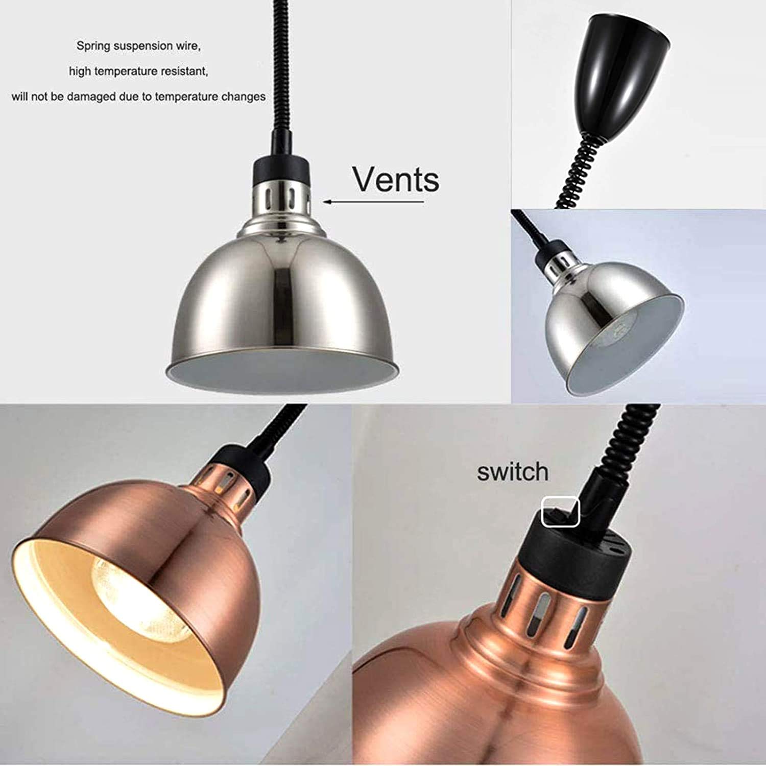 Lampa do podgrzewania żywności, lampa na podczerwień, rozszerzalna żarówka na podczerwień, 250 W, regulowana długość, 75-165 cm, restauracja/bufet/grill/pizza i barwnik 25 cm, złoty (Schwar
