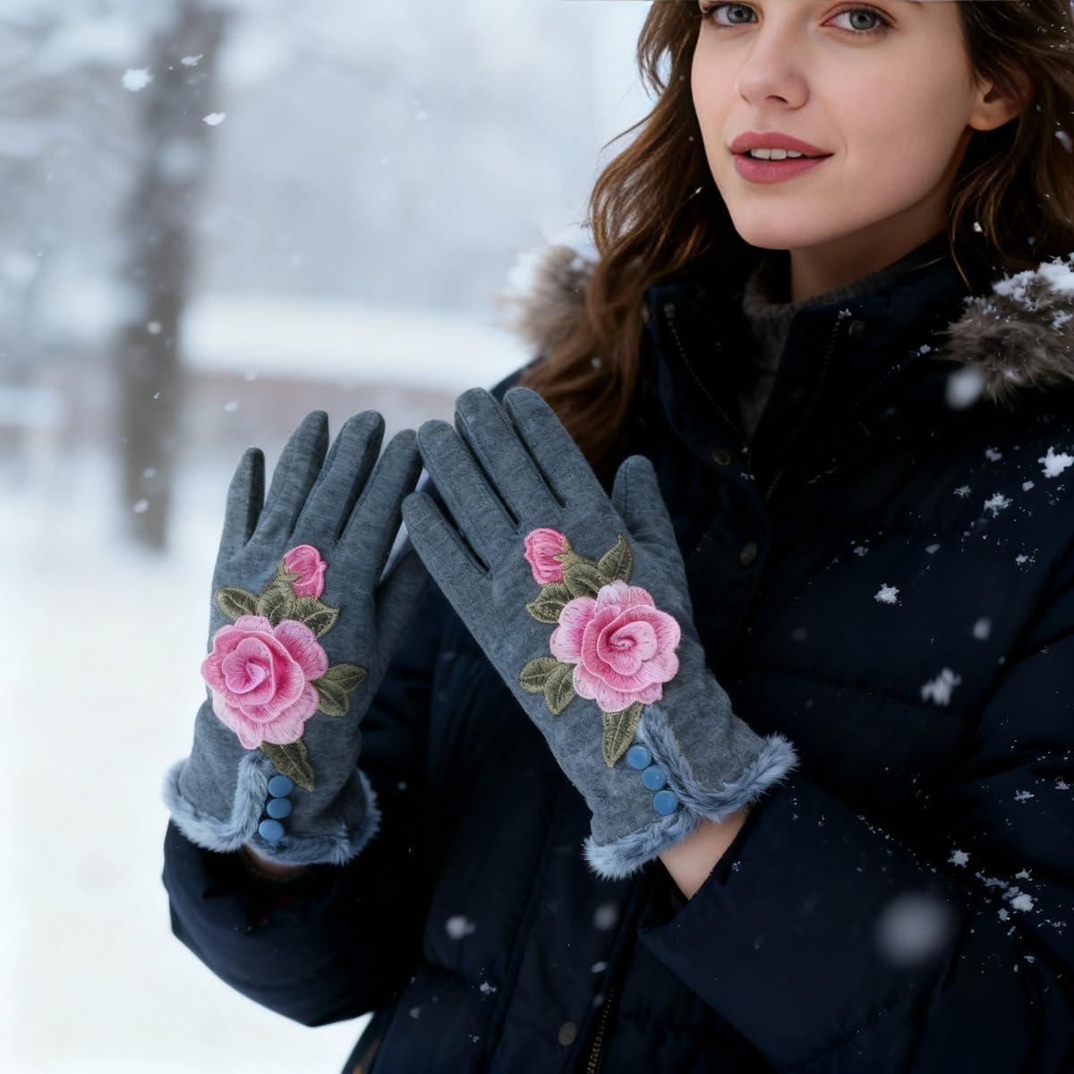 Specell Women Winter Warm Gloves Embroidered Flowers Fleece Lining Touchscreen Fingertips Mittens Windproof for Cold Weather