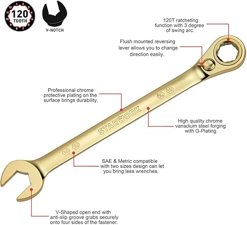 Miniatura 5 de STARWORK TRUE MECHANIC Llave combinada de trinquete reversible de 12 piezas 2 en 1, 120T, chapado en G vintage, patrón largo, reversible