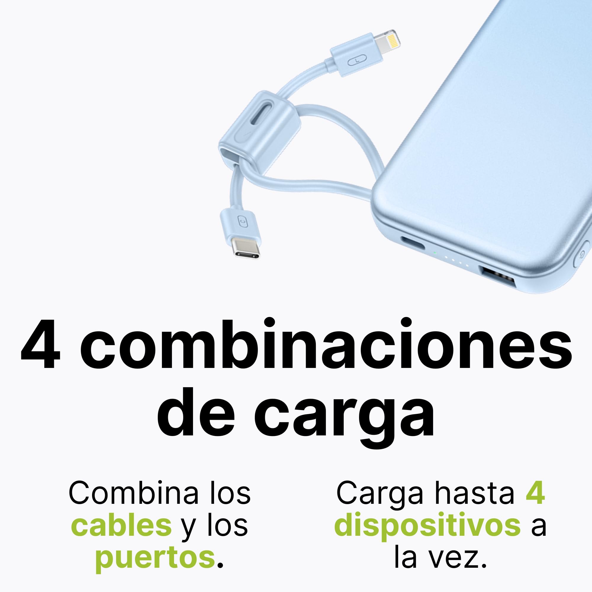 batería Externa portátil de 10000 mAh con Cables Integrados USB-C y Lightning, Carga Rápida, Indicador LED, 4 Combinaciones de Carga, Compatible con iPhone, Android (Lila)