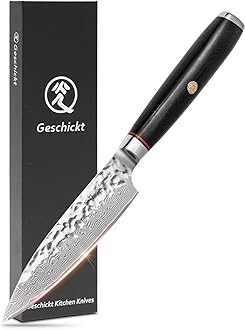Geschickt Kitchen Knife, Damascus Utility Knife 5 inch | VG-10 Core 67 Layers Damascus Stainless Razor Sharp Knife | Hand-hammered Finish Blade & G10 Ergonomic Handle | Gift Box