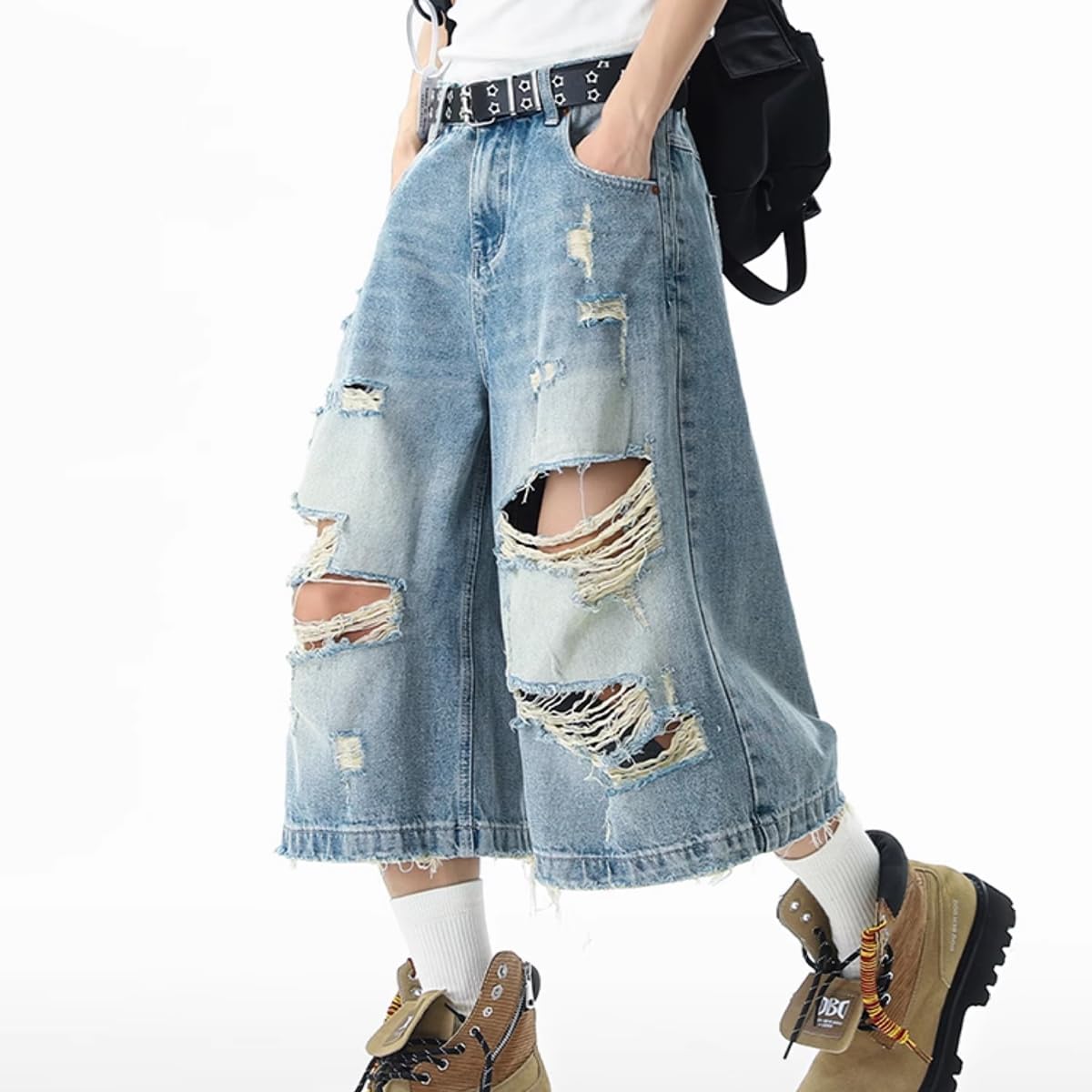 Y2K Fashion High Waisted Straight Leg Jeans Casual Streetwear Ripped Fringe Baggy Washed Denim Pants