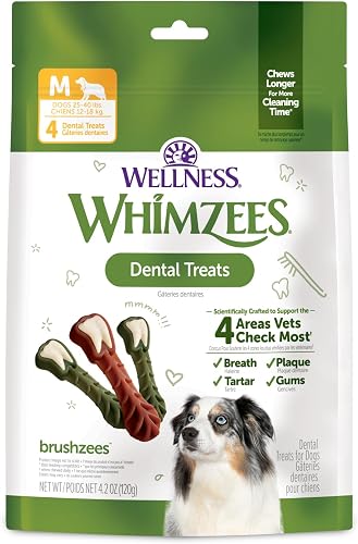 Wellness WHIMZEES Dog Dental Treats, Medium Size Brushzees, (4 Count)
