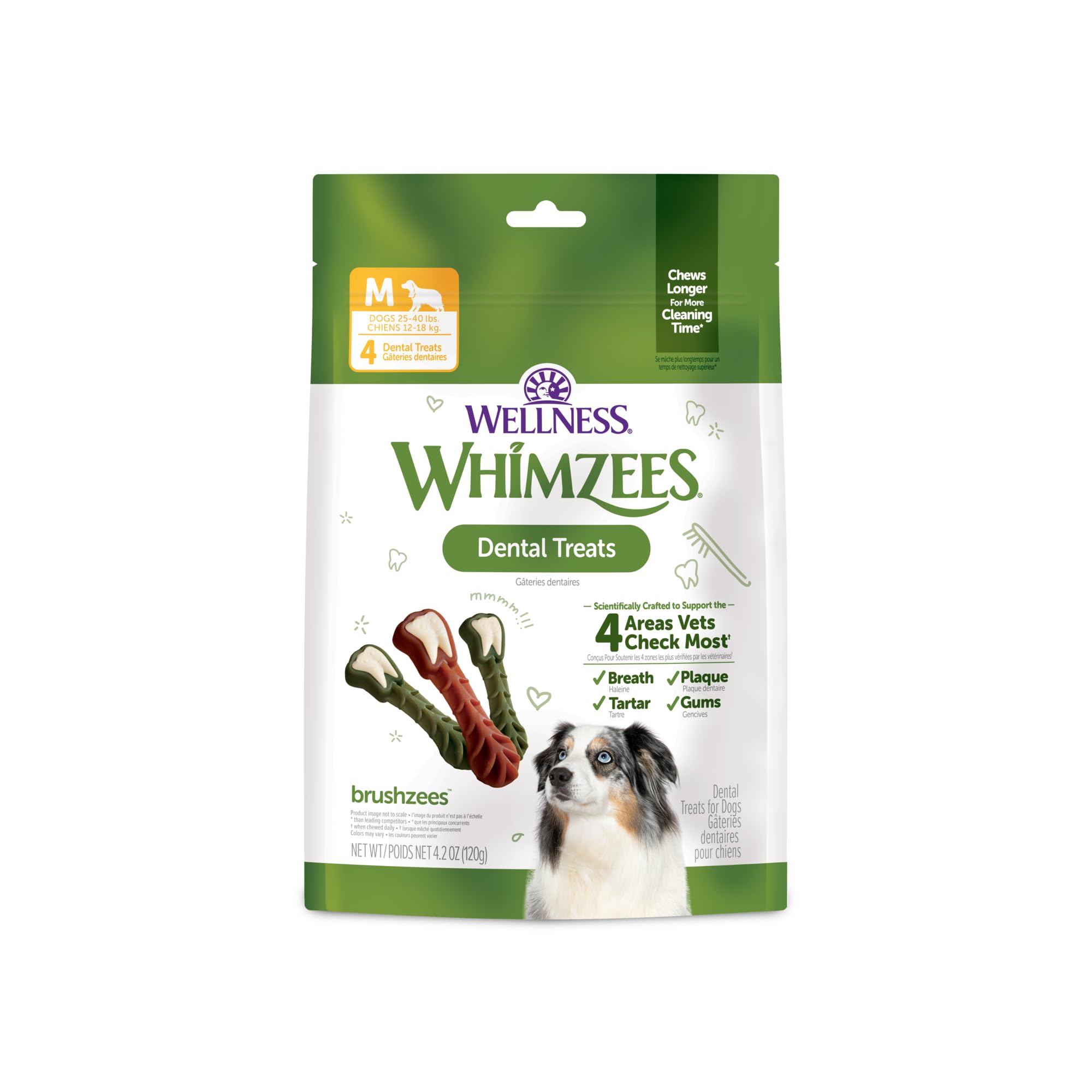 Wellness WHIMZEES Brushzees Natural Dog Dental Treat, VOHC Accepted Chews, Freshens Breath, Medium Size, 4.2 oz Bag, 4 Count