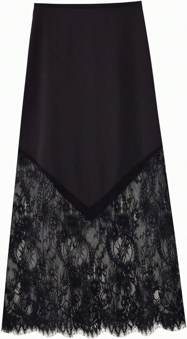 SHENHE Women's Satin Maxi Skirt Lace Trim A Line Fall Elegant Going Out Silky Skirt - Image 4