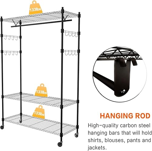 Miniatura 5 de Estante de 3 niveles con doble barra, ruedas con cerradura y 1 par de ganchos laterales, soporta hasta 400 libras