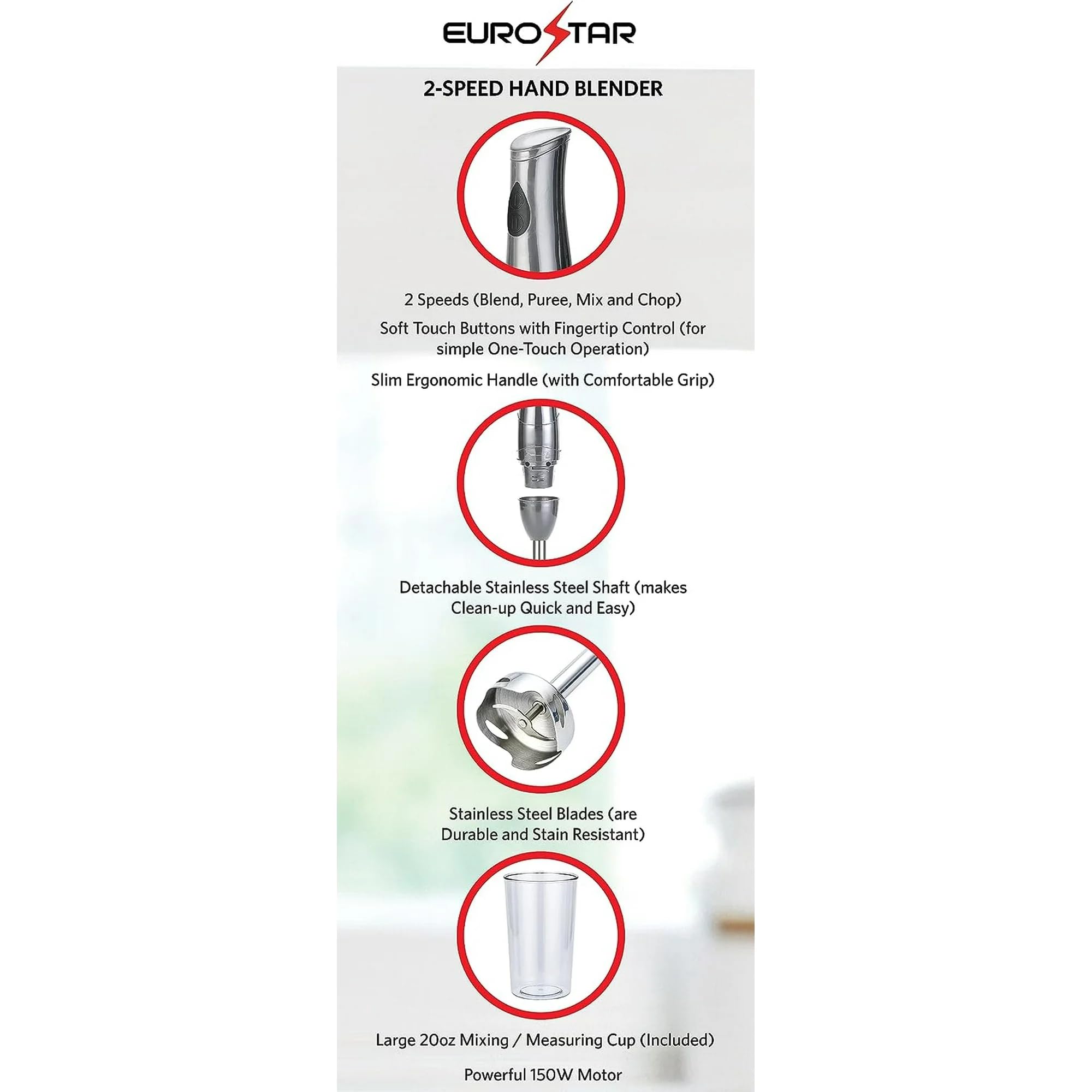 EUROSTAR EH444S 2-Speed Hand Blender, Silver