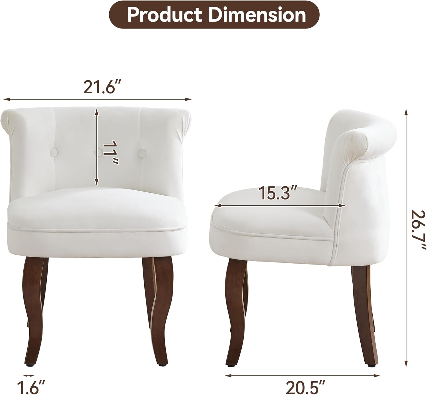 Velvet Vanity Chair with Back, Tufted Upholstered Vanity Stool with Solid Wood Legs, Mid Century Small Makeup Chair for Vanity, Accent Chair for Bedroom, Living Room, White