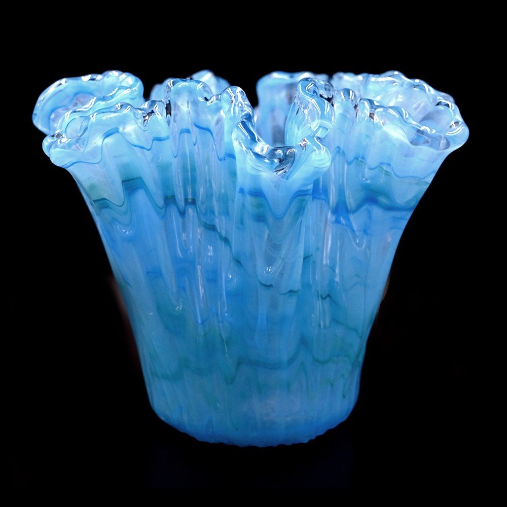 Vase En Verre De Murano Bleu Azur Modèle Chêne - Neuf, Fait Main, 21x28 Cm, Italie