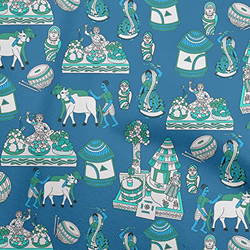 oneOone Cotton Cambric Teal Blue Fabric Kalamkari Traditional Fabric for Sewing Printed Craft Fabric By The Yard 42 Inch Wide