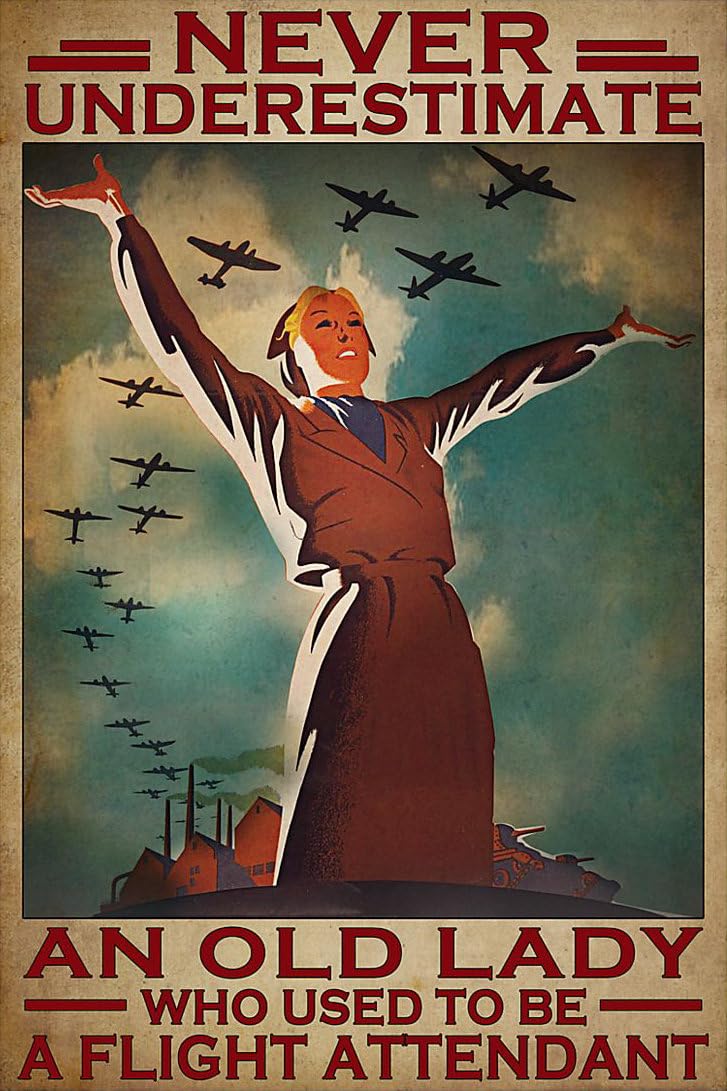 Nuboxx Yt_1 Never Underestimate An Old Lady Who Used To Be A Flight Attendant Wall Art Home Decor Funny Plaque Signs Gift For Room Office 8X12 Inch