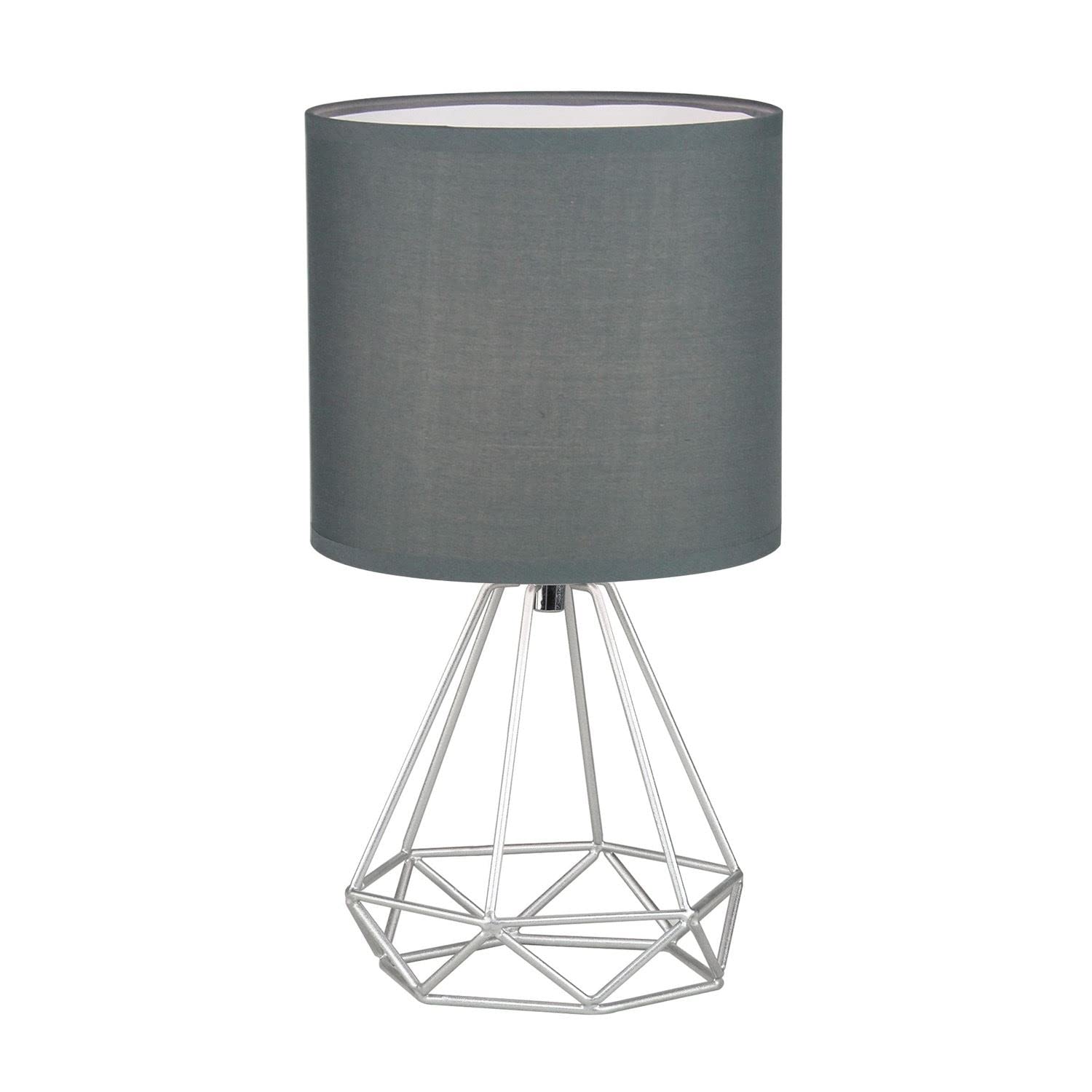 firstchoicelighting Silver Table Lamp or Bedside Light, Modern Geometric Design, Grey Fabric Shade, 32cm Height, LED Compatible
