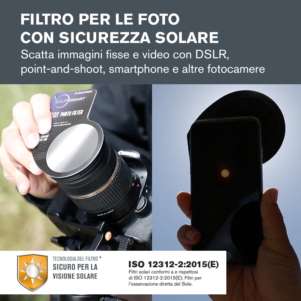 Celestron EclipSmart Kit osservazione/immagini eclissi solari 3 pezzi. Occhiali solari, filtro fotocamera, guida eclissi. Filtri conformi norme di sicurezza internazionali per l’osservazione solare