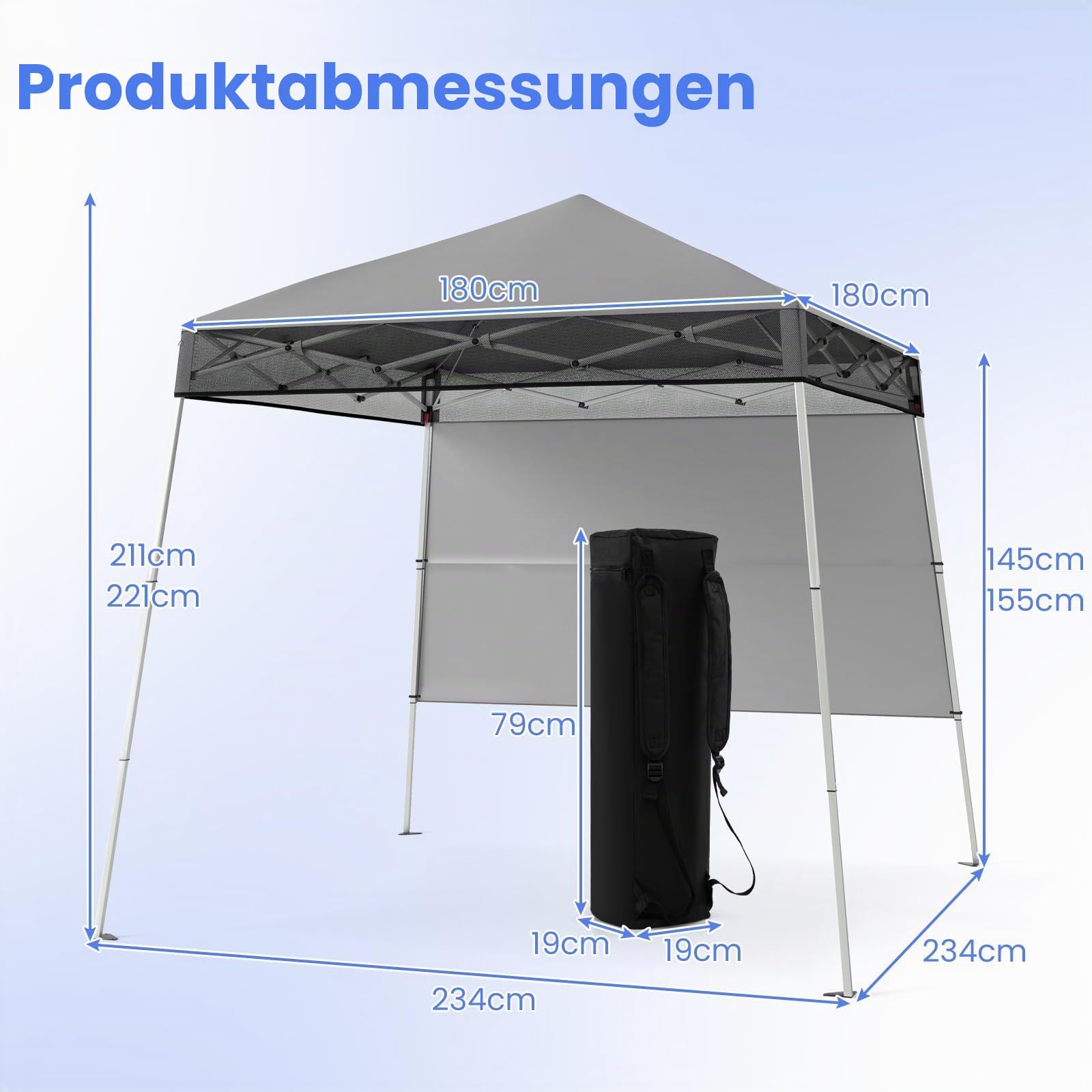 FANTASK Partyzelt, Gartenzelt Höhenverstellbar mit Seitenwand & Bodenhaken, Wasserdicht & Sonnenschutz, 2x2 m Pop up Faltpavillon mit Tasche für Garten & Party (Grau)