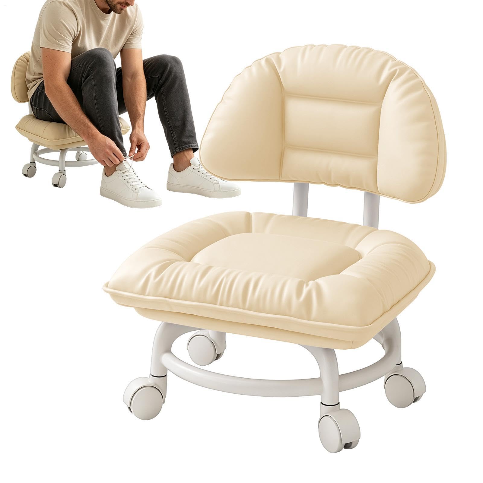 Niski taboret na kółkach z oparciem i kółkami, wyściełany, ergonomiczny