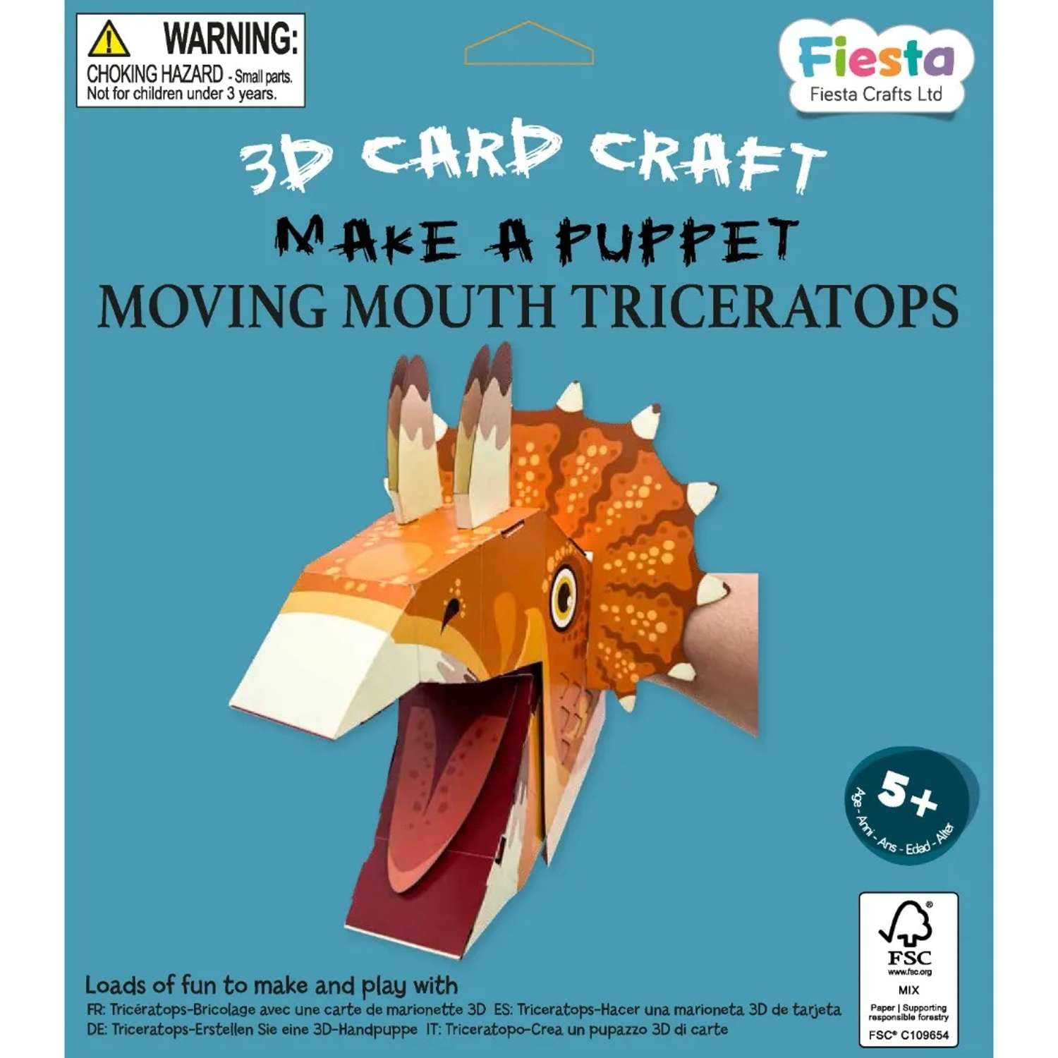 Fiesta Crafts Ltd Vibrant Colors Fiesta Crafts Triceratops 3D Dinosaur Hand Puppet Craft Kit - Colourful & Easy To Assemble Dino Hand Puppet - Complete Arts And Crafts Set To Improve Motor Skills, Creativity, & Imagination