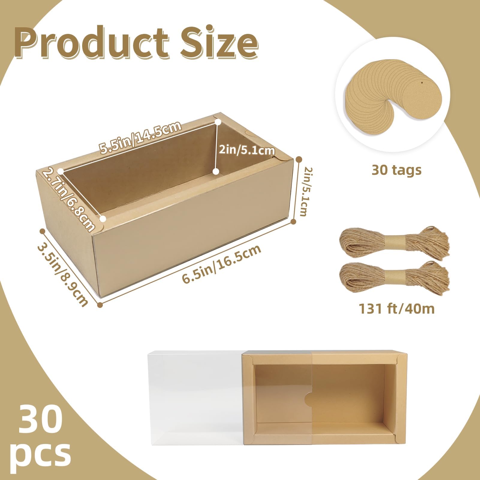 Confezione da 30 scatole in carta kraft con finestra, scatola regalo per sapone, dimensioni esterne 16,5 x 8,9 x 5,1 cm, piccola scatola regalo con etichette vuote, corda di iuta e rafia, ideali per
