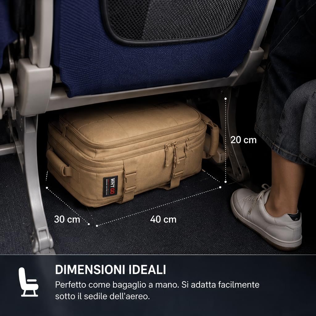 WHYGO Zaino da Viaggio 40x30x20 Impermeabile, Compatibile Ryanair - NERO | Capacità di 24 litri, Retro Traspirante - Apertura 180º con 2 Sacchetti Sottovuoto Inclusi - Ideale per Weekend e Trasferte