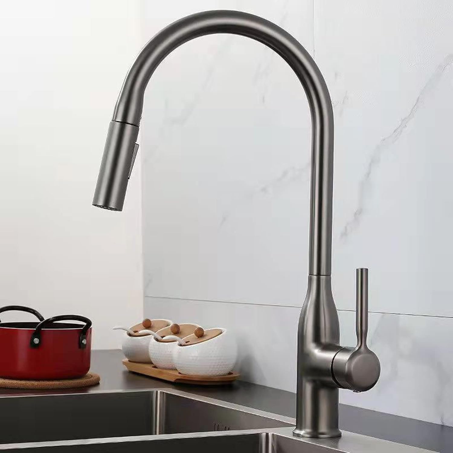 Pull Down Kitchen Faucet,Single Handle Hole 2 Spouts Out Sink,360° Rotatable, Hot and Cold Water,Black(Gun Gray)