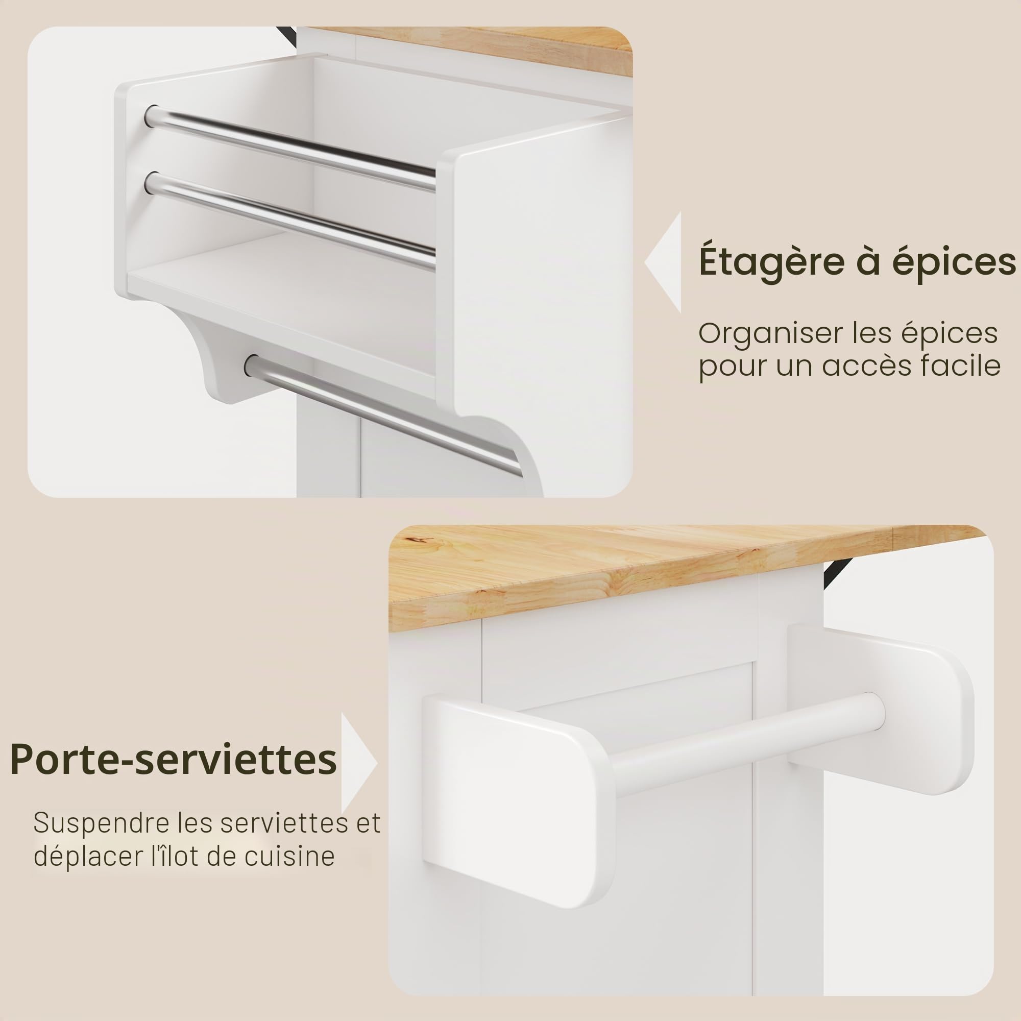 Xbro Îlot de Cuisine Mobile 145x75x90 cm sur roulettes, Chariot avec Tiroirs et Armoires, Plan de Travail en Bois, Meuble de Rangement pour Espace Restreint (Blanc)