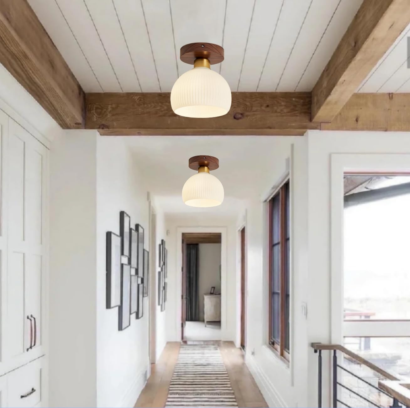 Small White Glass Semi Flush Mount Ceiling Light Schoolhouse Vintage Ceiling Lamp Modern Wood Light Fixtures Ceiling with Ribbed Glass Shade, Gold Accent
