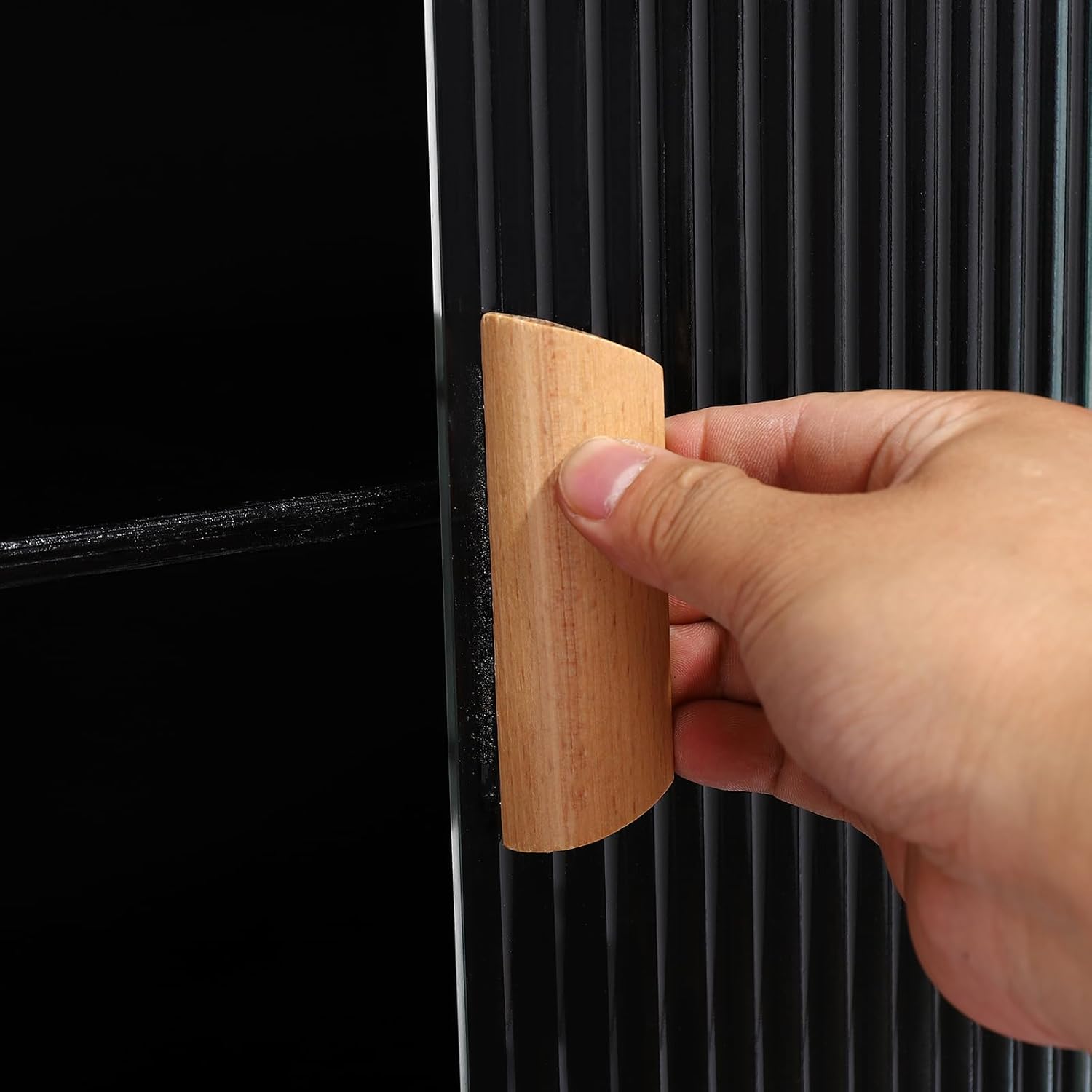 5-Tier Bamboo Kitchen Pantry Sideboard with 2 Sliding Striped Glass Doors, Freestanding Countertop Storage Cabinet for Spice Seasoning Bottles, Dish, Bowl, 21.6 * 11 * 29.1 in Black