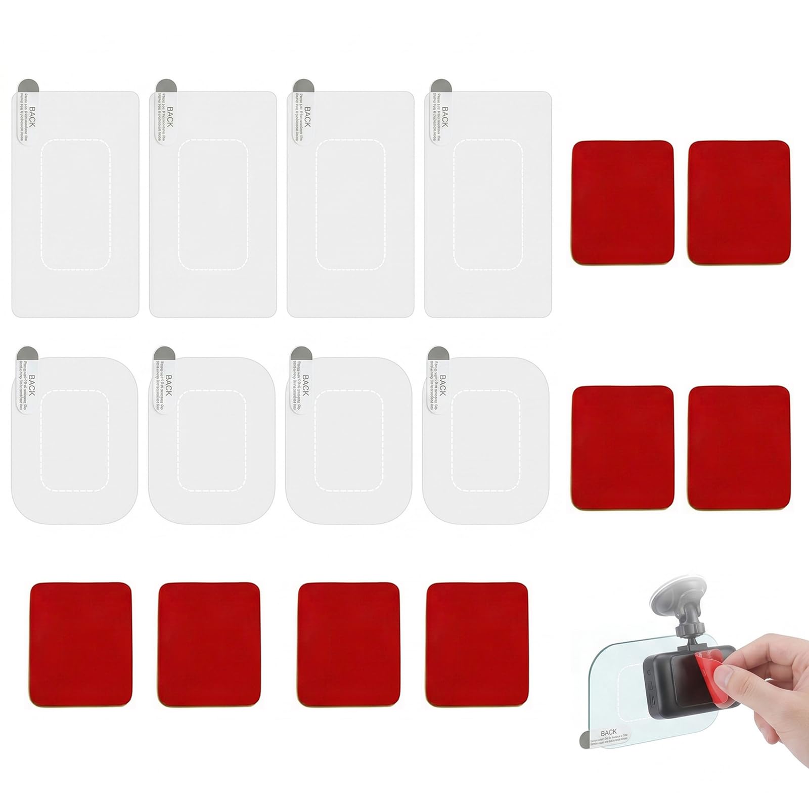 Set 16 Pezzi Adesivi Dash Cam: 8 Pellicole Elettrostatiche (6x8cm e 6x11cm) + 8 Biadesivi per Parabrezza Auto e, Kit di Montaggio Trasparente e Resistente al Calore