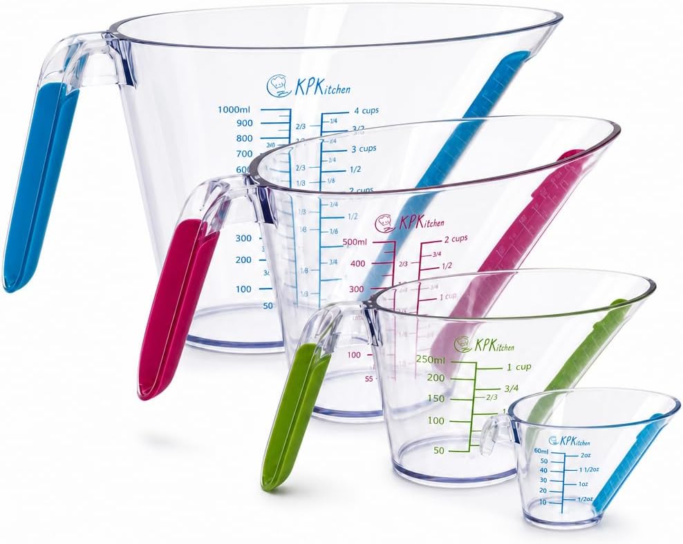 Liquid Measuring Cups with Spouts, 4-Piece Angled Plastic Set, 1 to 4 Cups