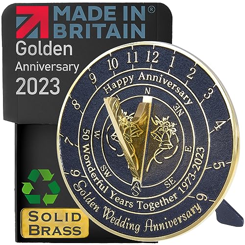 Anniversary Sundial Gift For 50th Golden Wedding Anniversary 1973-2023. Recycled Brass Home Decor Garden 50 Year Present Idea Handmade In UK For Parents, Grandparents, Friends Or Couples