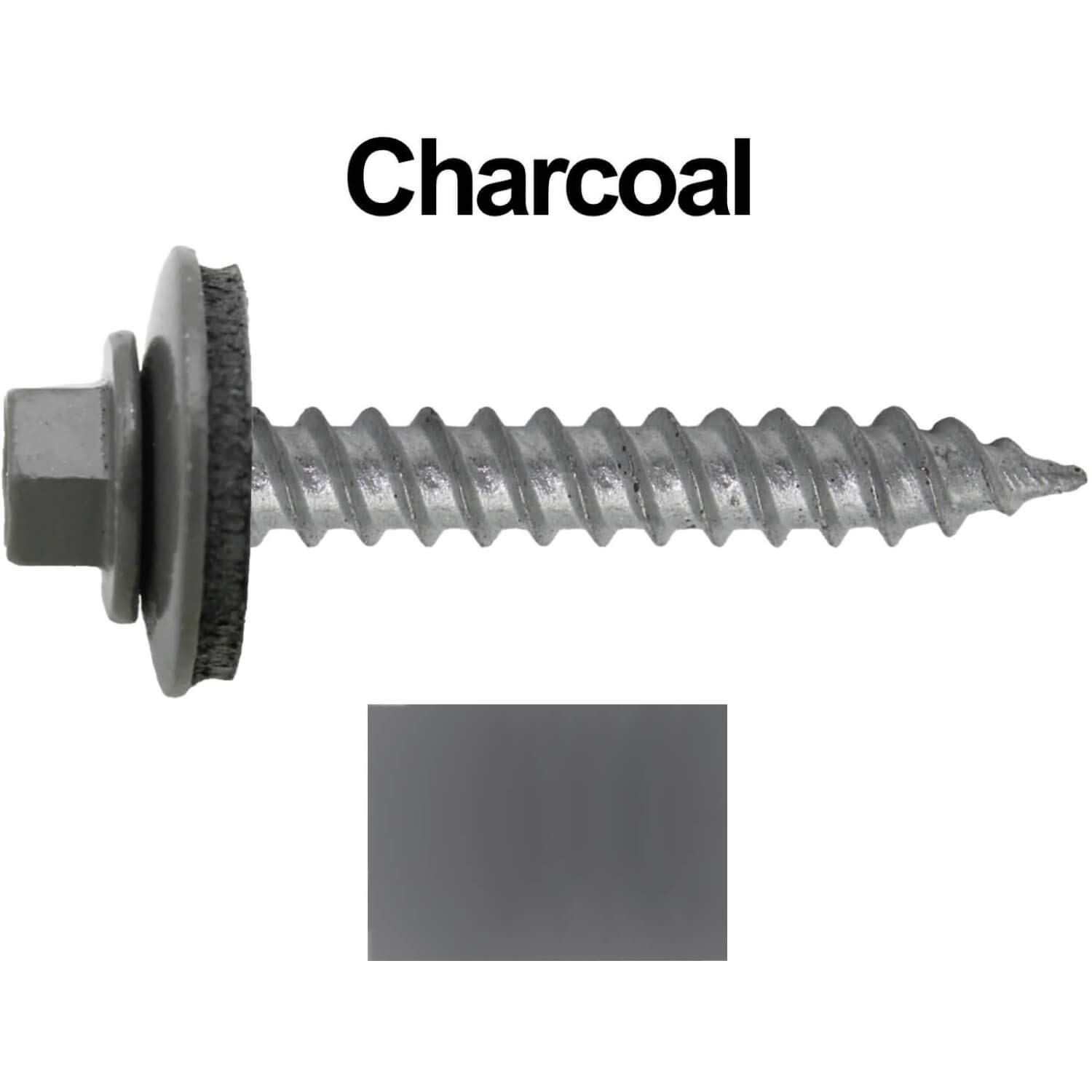 12 x 1-1/2" Charcoal Metal Roofing Screws - Hex Washer Head- Self-Starting/Tapping - EPDM Washer. 1 x 250 Count Bag - 250 Screws
