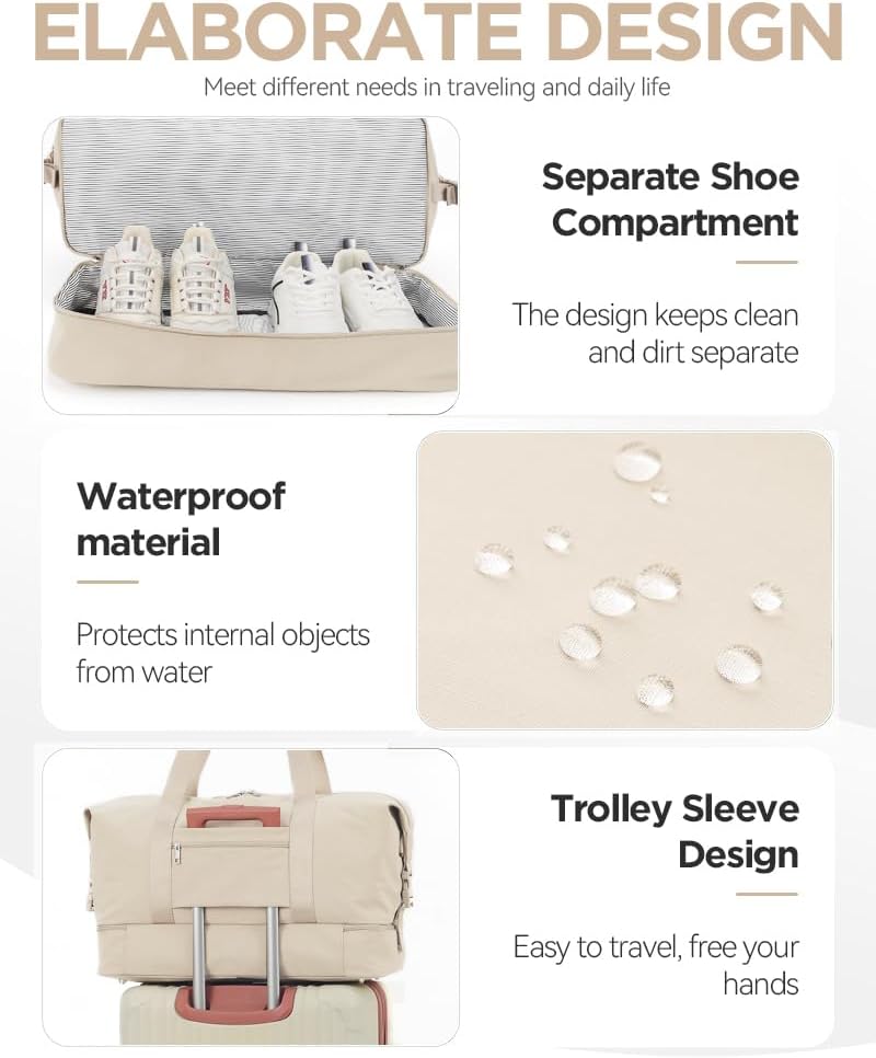 Oeihuivt Weekender Bags for Women - 21 Inch Large Travel Duffel Bag 2-Piece Set with Shoe Compartment, Heavy-Duty Canvas Leather Carry On Overnight Tote - Image 3