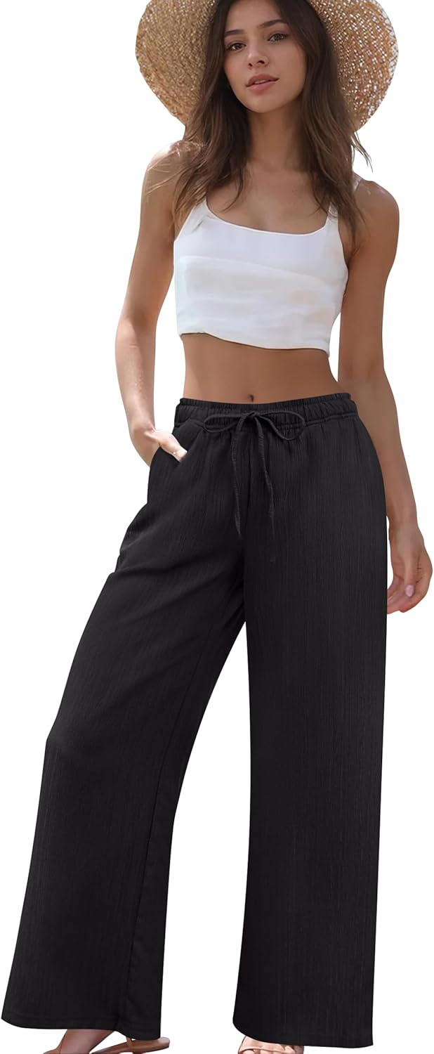 Womens Wide Leg Palazzo Pants Dressy Casual Lounge Baggy Pant Summer Travel Loose Drawstring Elastic Waist Trouser with Pockets Black XL - Image 5