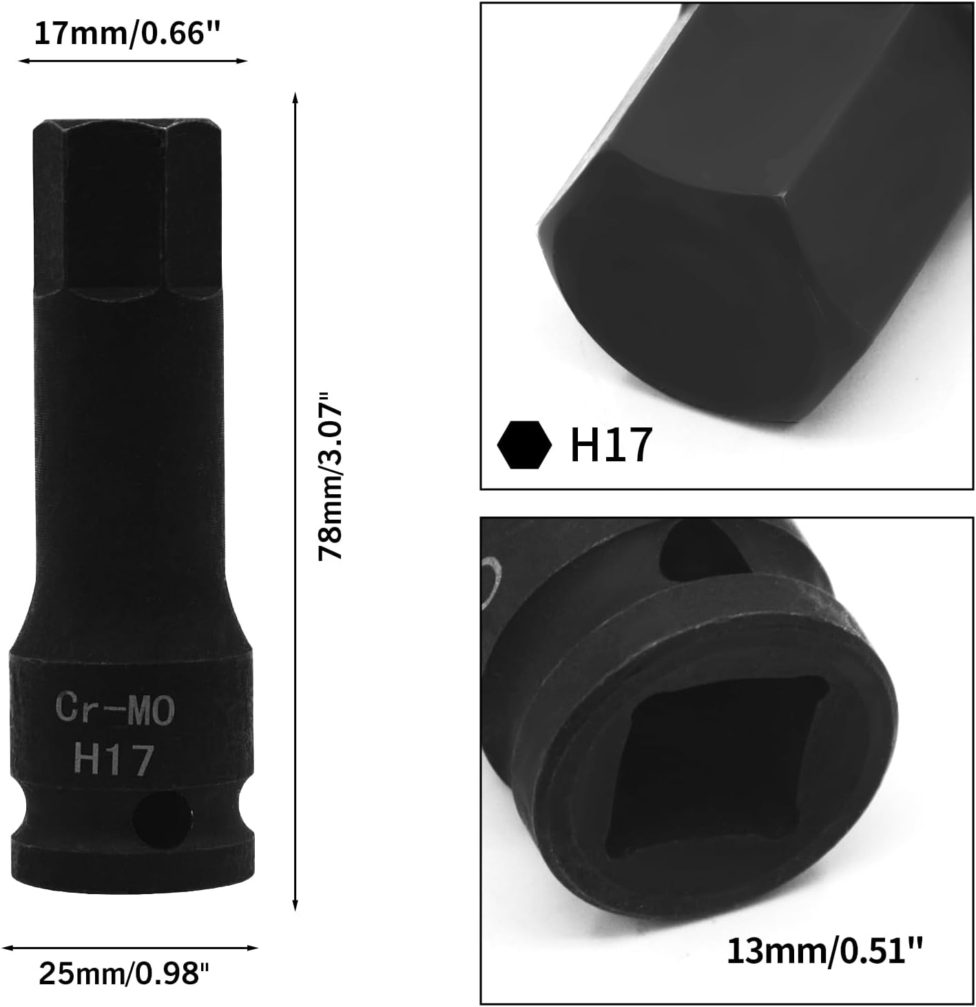 YXQ H17 (17mm) Hex Impact Bit Socket, 1/2-Inch Drive Allen Bit Socket Cr-Mo Steel, Master Impact Hex Driver