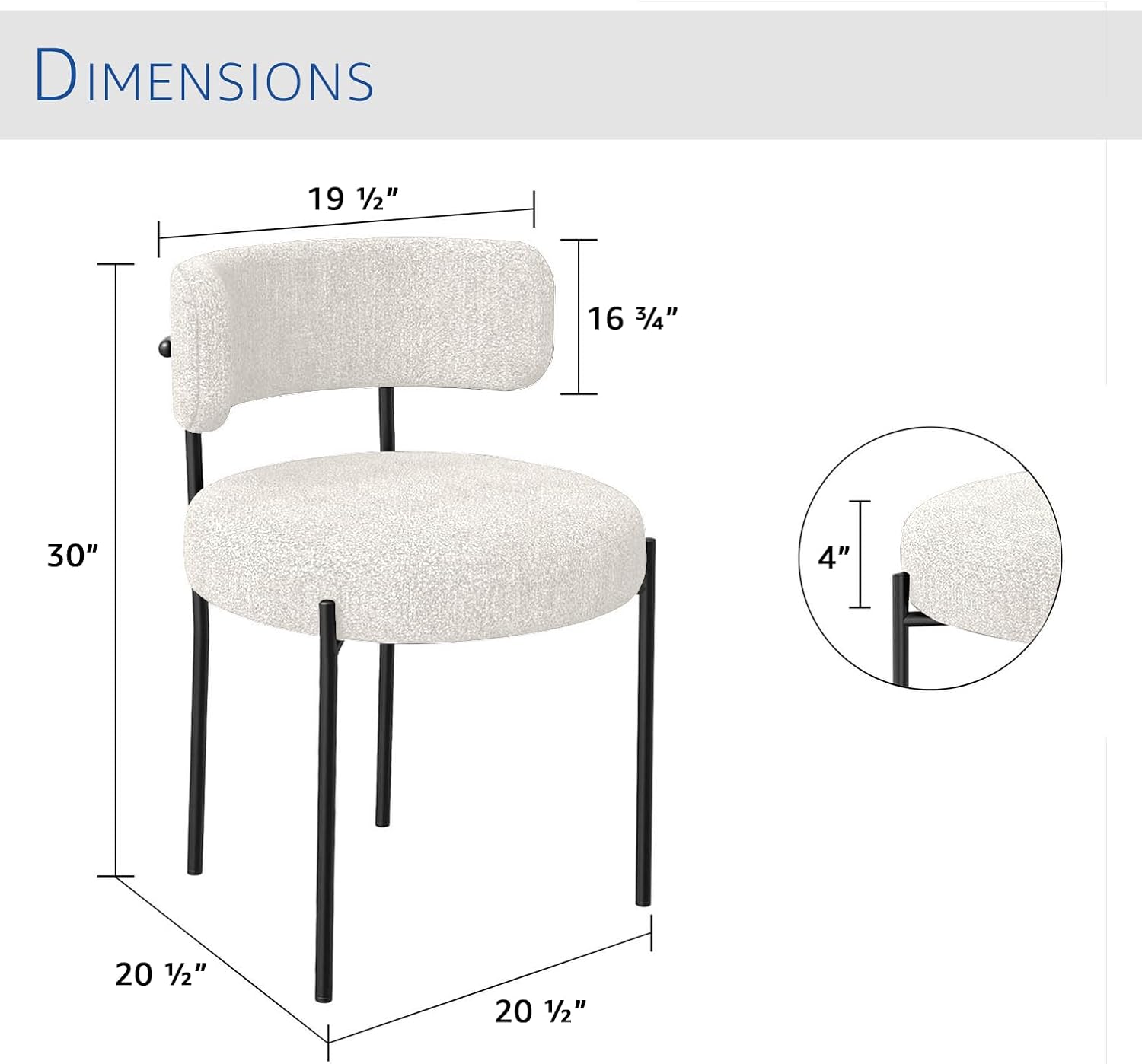 Set of 2 White Boucle Upholstered Dining Chairs with Metal Legs