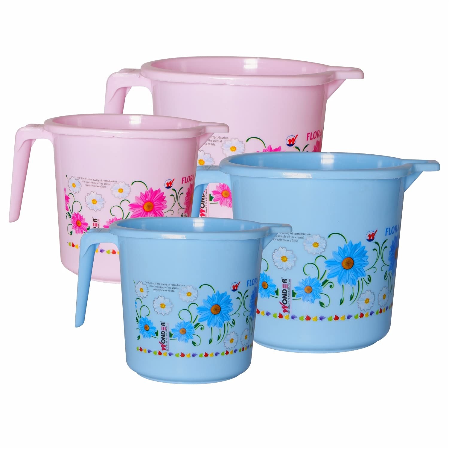 Wonder Homeware Prime Dyna 1000 & 2000 Plastic Mug, Set of 4, 2 Pc 1000 ml & 2 Pc 2000 ml Mug, Floral Print Pink Blue Color