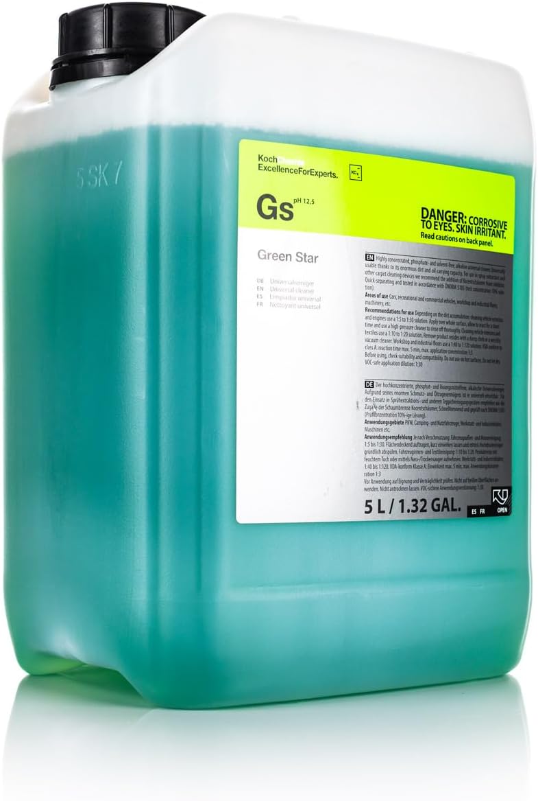 Green Star - Highly Concentrated Universal Cleaner; NTA, Phosphate, and Solvent Free, Clean Auto Interiors and Exteriors, Engines, Commercial, Home, and Industrial Use (5 Liters)