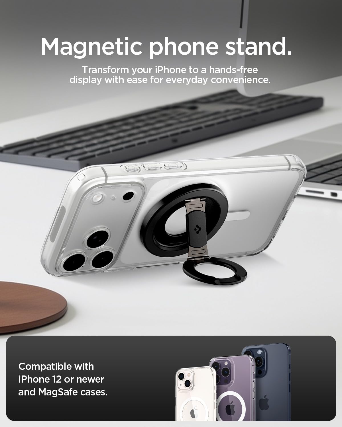 Spigen O-Mag MagFit+ Anneau MagSafe [Double Charnière] Support Anneau | Aimant Double Face pour iPhone 17, 17e, 16, 15, 14, 13 12 et Coques MagSafe pour Samsung S26, S25, Pixel 10 – Noir
