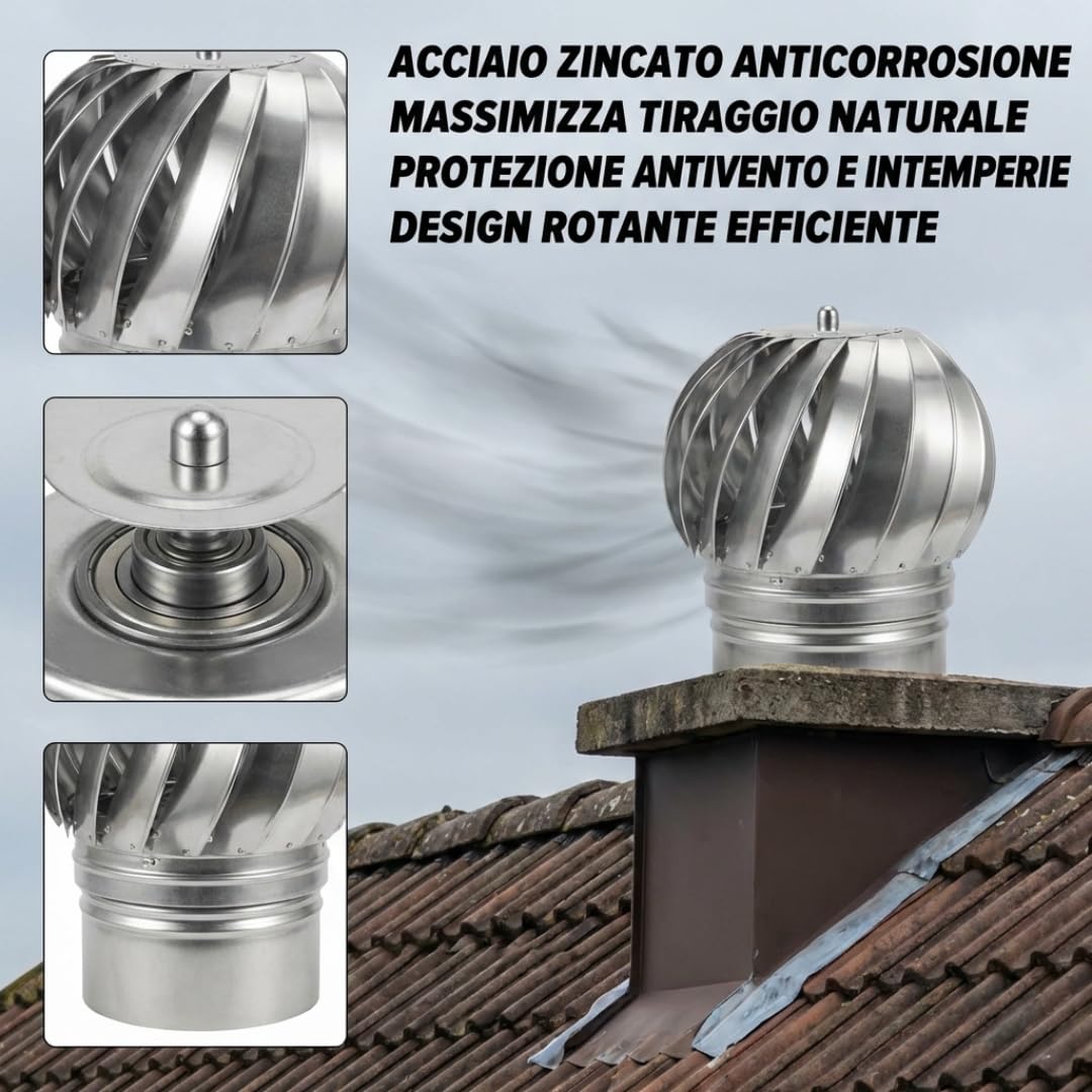 MAKA Comignolo Antivento Rotante, Terminale Eolico Girevole in Acciaio Zincato per Canna Fumaria, Camino, Stufa Legna e Pellet, Tiraggio Naturale e Protezione Pioggia (Zincato, Ø 200 mm)
