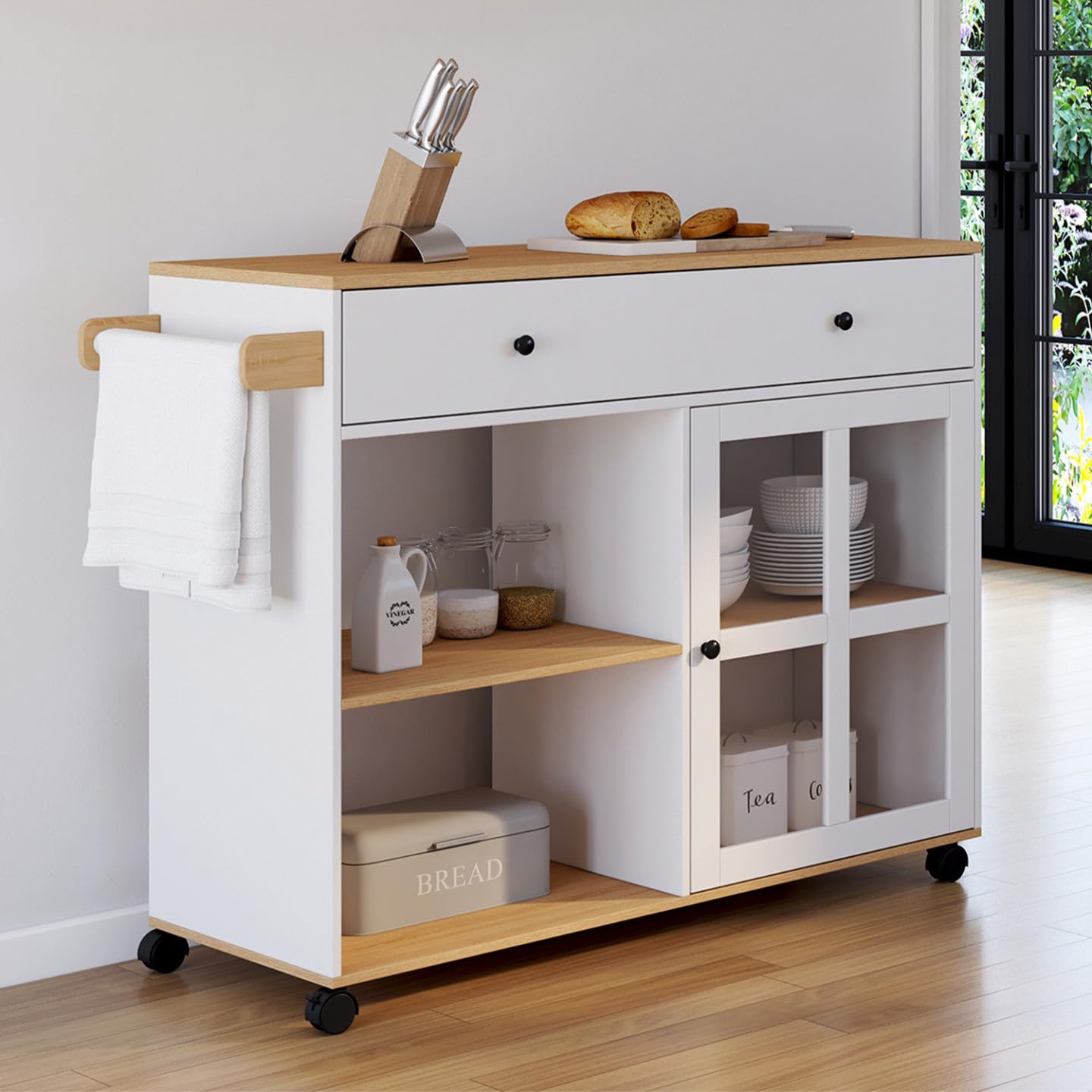 IDMarket - Carrito de cocina ACHILLE XXL con estantería y armario acristalado en madera y blanco L.100 CM