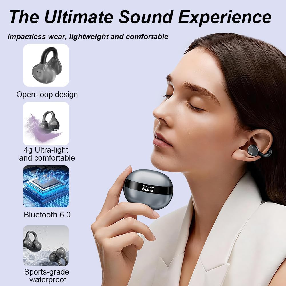 Cuffie a Clip Open-Ear Bluetooth Wireless, Bluetooth 6.0, Auricolari Sport con Clip Aperta, 60h Autonomia, Ricarica Rapida USB-C, Leggeri e Comodi da Indossare, Sport, Ufficio & Fitness, Nero