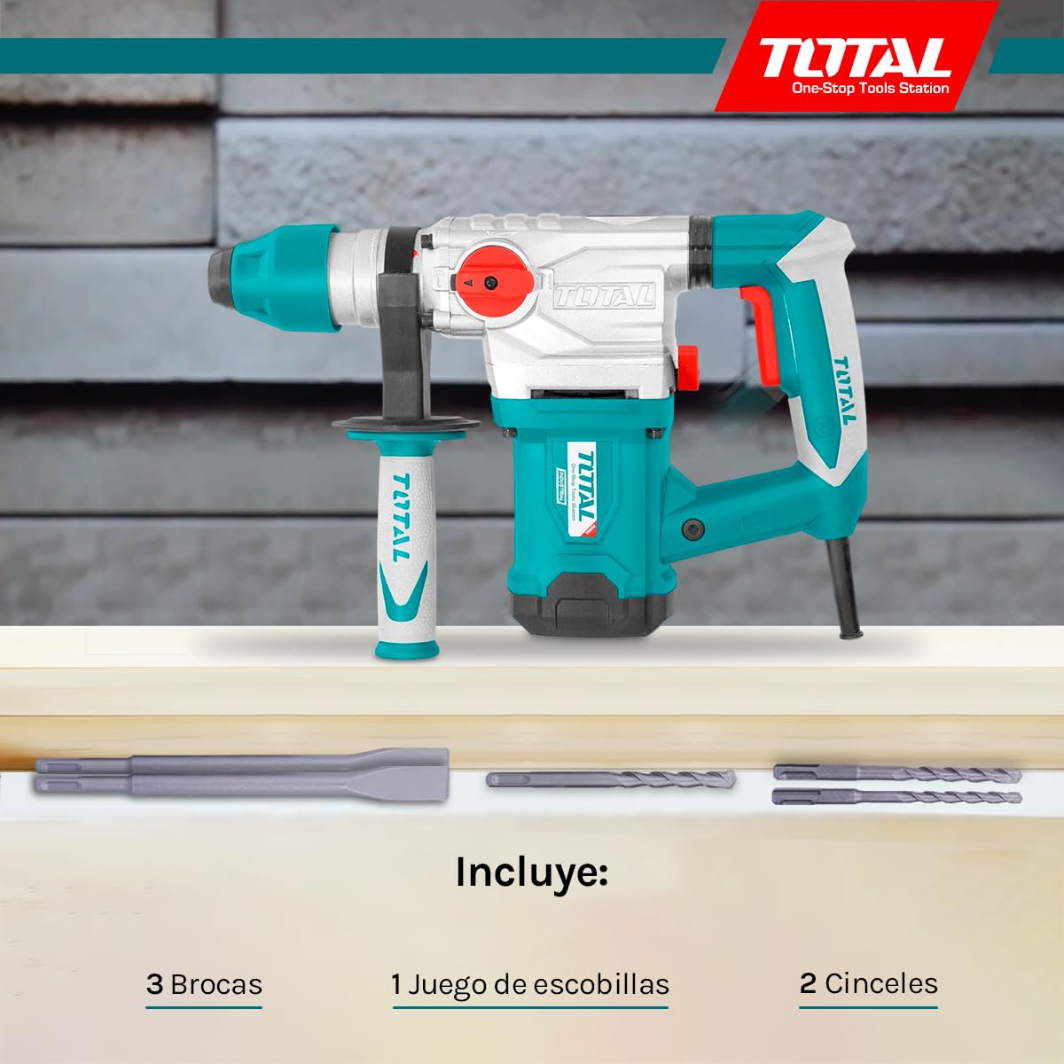 TOTAL - Martillo Combinado de Cable con Potencia de 1500 W - Taladro, Percusión y Picado - Velocidad de 850 rpm - Con 3 Brocas, 2 Cinceles y Escobillas